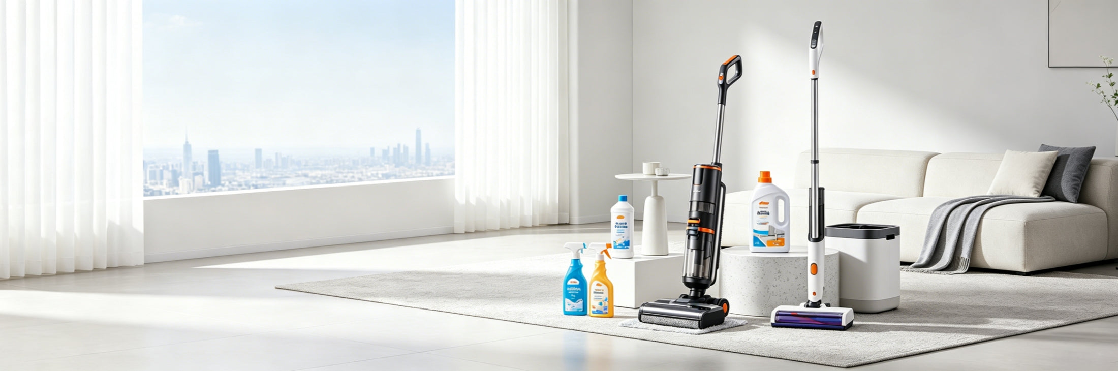 Bright living room with cleaning tools and home essentials