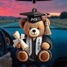 Graduation Teddy Bear With Cap And Diploma - Personalized Custom Wood Ornament, Car Hanging Ornament - GRAD005_WCA