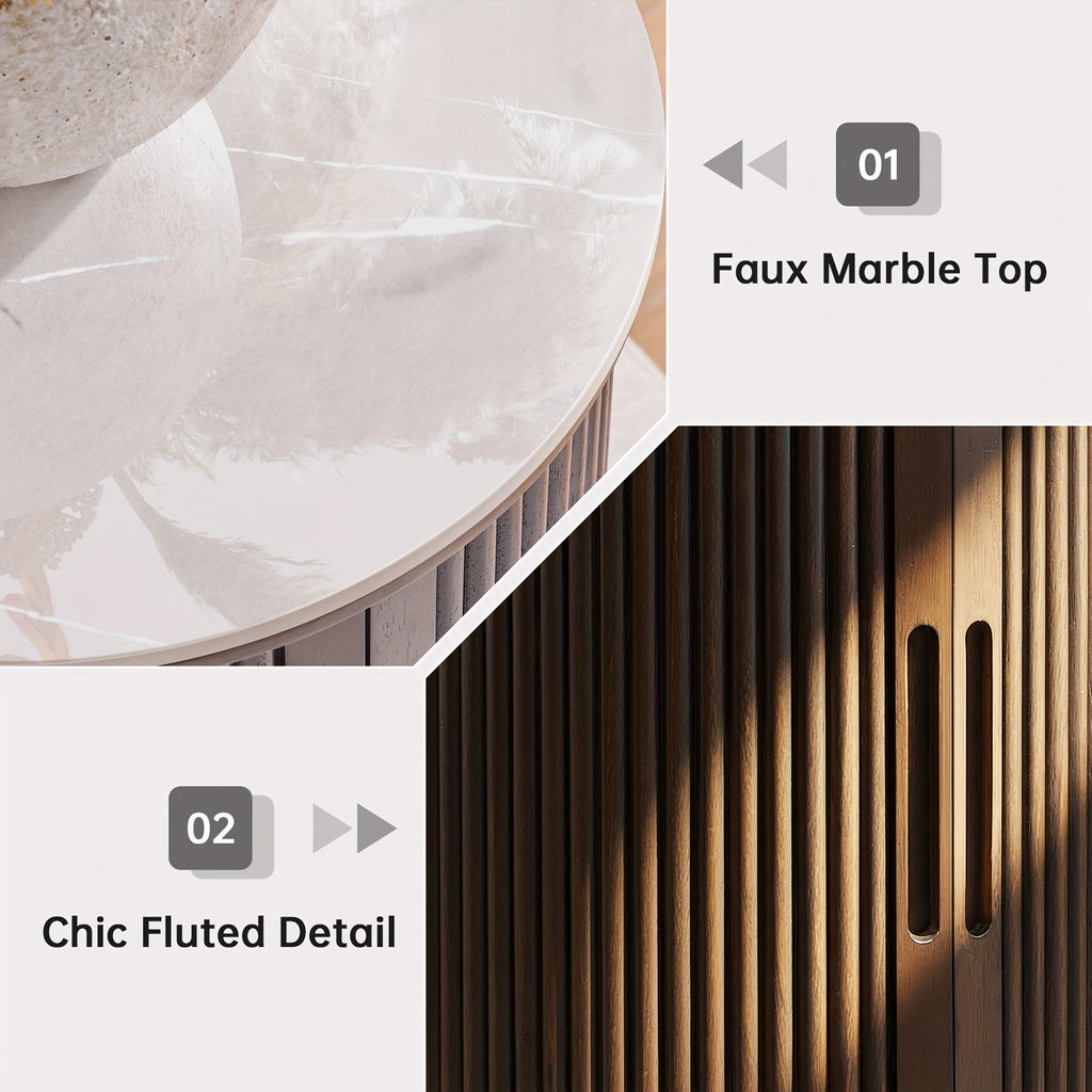 Morden Fort Mid-Century Modern Round Fluted Accent Table with White Faux Marble Top & Walnut - Smooth-Glide Hidden Storage Door, Engineered Wood Nightstand\u002FEnd Table for Bedroom, Living Room, Compact Spaces (Easy Assembly)