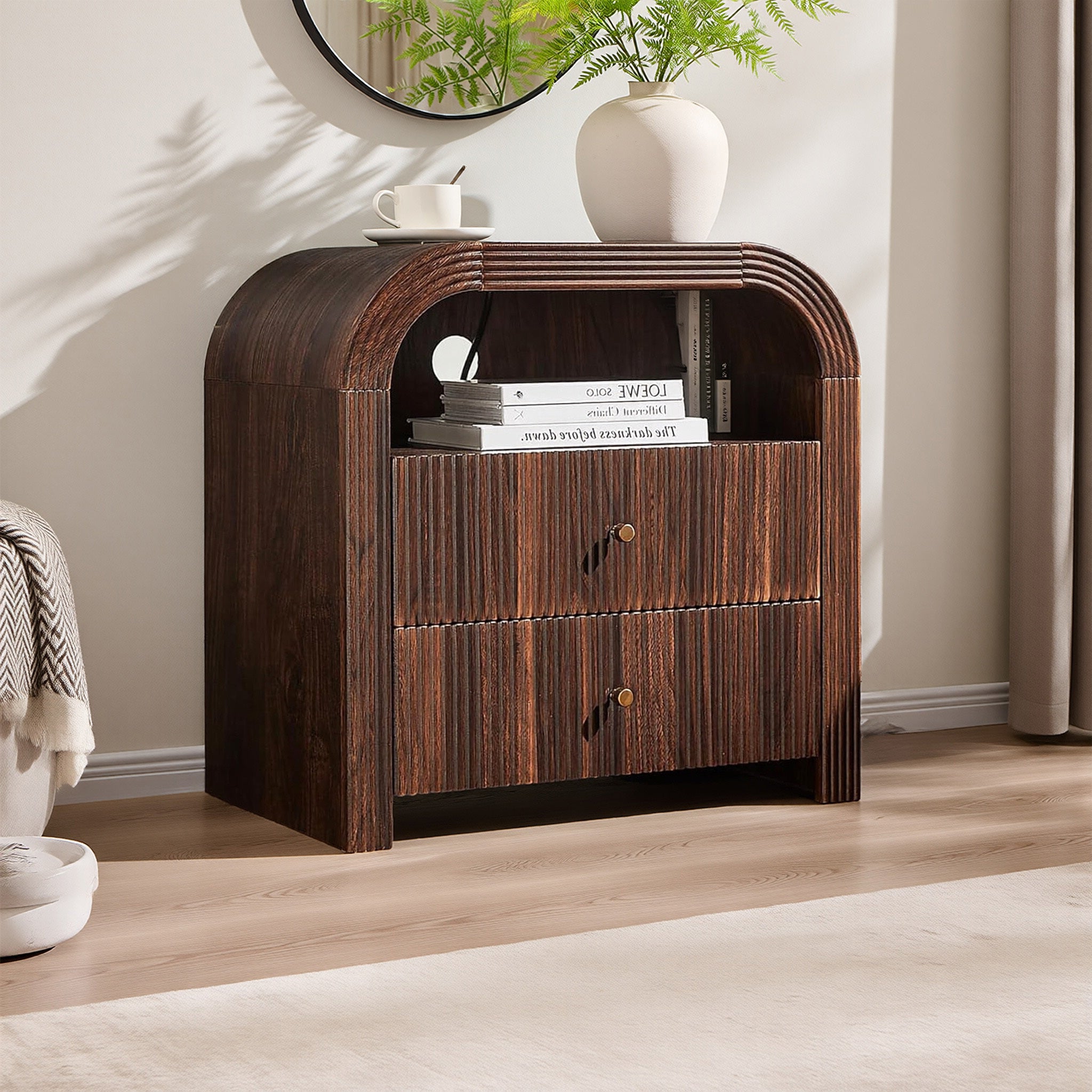 Vertical Striped Double Drawer Nightstand (With Charging Function), 24-Inch Modern Rounded Corner Design, Suitable for Bedroom And Living Room Storage Side Table