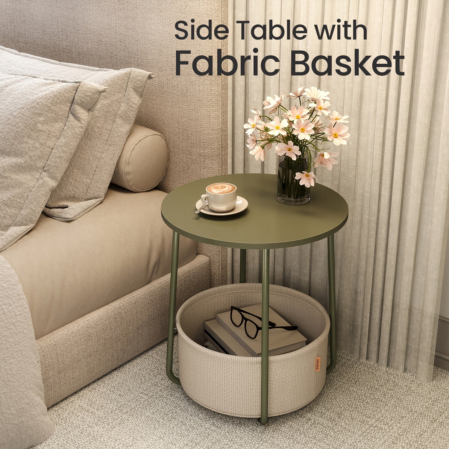 Collection - Small Round Side End Table, Modern Nightstand with Fabric Basket