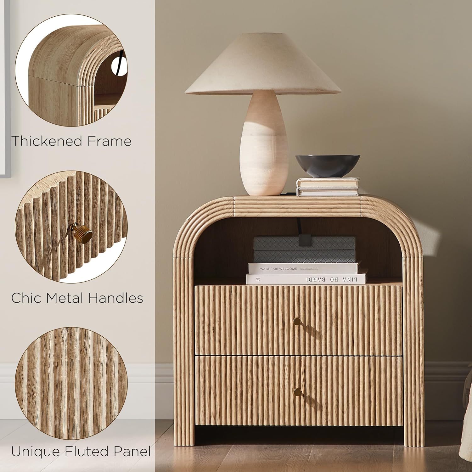 Vertical Striped Double Drawer Nightstand (With Charging Function), 24-Inch Modern Rounded Corner Design, Suitable for Bedroom And Living Room Storage Side Table