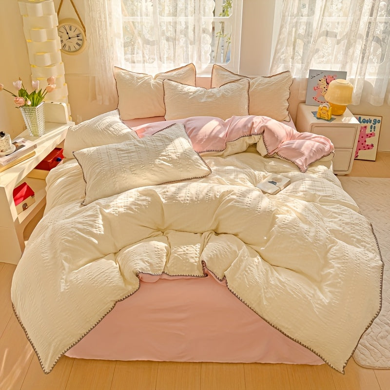 Minimally Designed Four Piece Bedding With Ruffled Edges And A Washable Duvet Cover For All Seasons, Including One Duvet Cover, One Bed Sheet, And Two Pillowcases, Without A Core