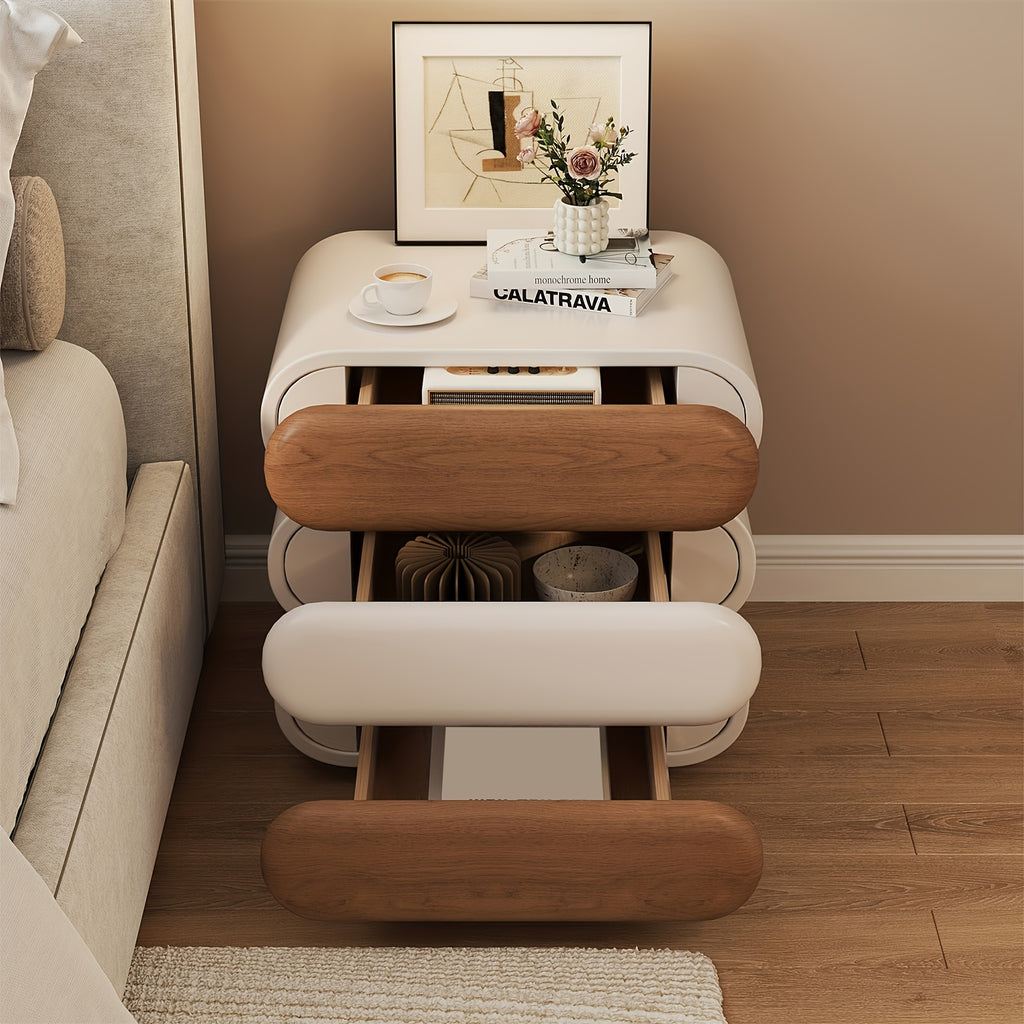 Premium Mid-Century Wood Nightstand, 3-Tier End Table with Storage Drawers & Curved Profile Design, Elegant Bedside Table for Bedroom Or Living Room, White Brown, No Assembly Required High-Quality Craftsmanship, Christmas