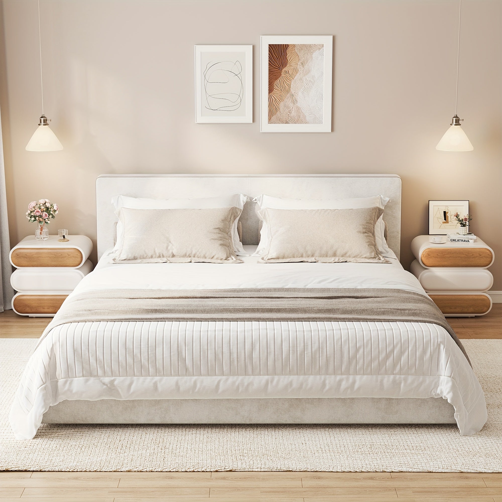 Premium Mid-Century Wood Nightstand, 3-Tier End Table with Storage Drawers & Curved Profile Design, Elegant Bedside Table for Bedroom Or Living Room, White Brown, No Assembly Required High-Quality Craftsmanship, Christmas