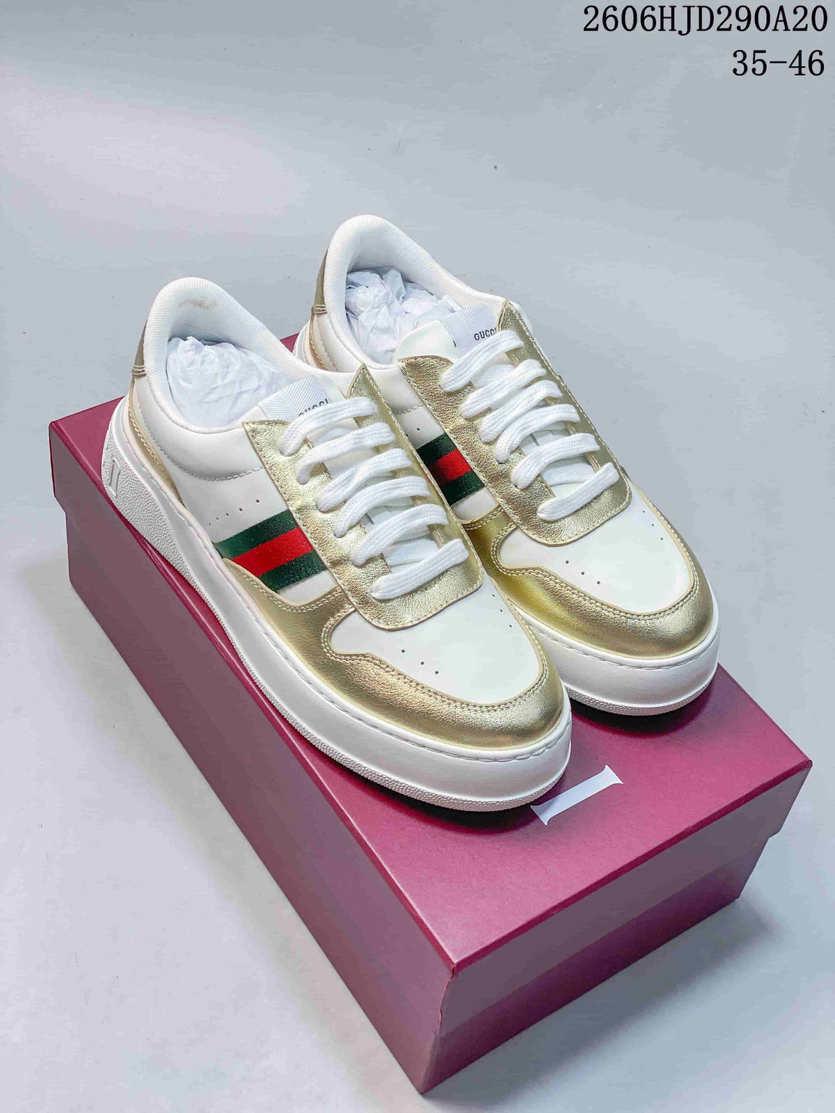 Gucci Chunky Low-Top Lace-Up Sneakers, White and Gold