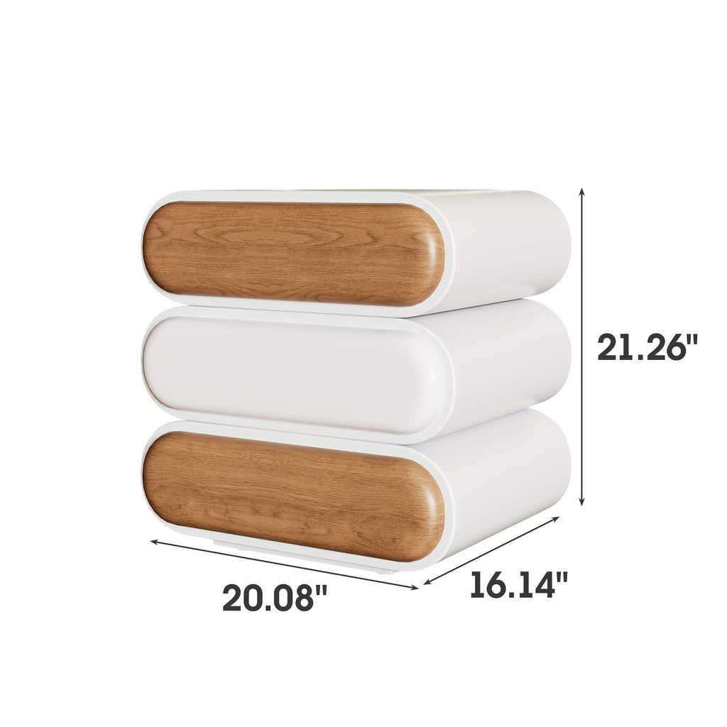 Premium Mid-Century Wood Nightstand, 3-Tier End Table with Storage Drawers & Curved Profile Design, Elegant Bedside Table for Bedroom Or Living Room, White Brown, No Assembly Required High-Quality Craftsmanship, Christmas