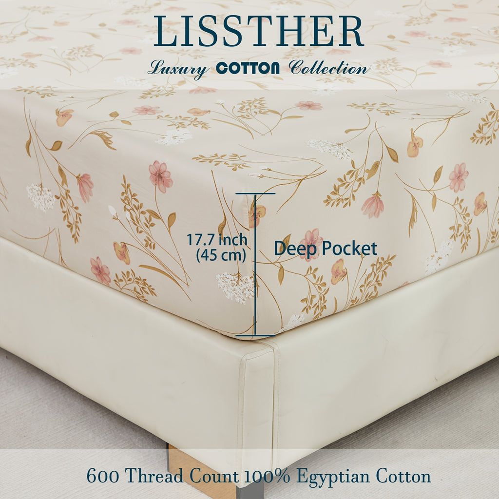 4pcs 600TC 100% Egyptian Cotton Fitted Sheet Set (1*Fitted Sheet+1*Flat Sheet+2*Pillowcase, Without Core), Luxury Elegant Floral Shabby Chic Bedding Set, For Bedroom Guest Room Student Dorm All Seasons