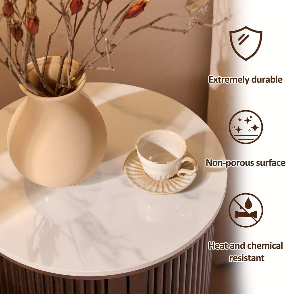 Morden Fort Mid-Century Modern Round Fluted Accent Table with White Faux Marble Top & Walnut - Smooth-Glide Hidden Storage Door, Engineered Wood Nightstand\u002FEnd Table for Bedroom, Living Room, Compact Spaces (Easy Assembly)