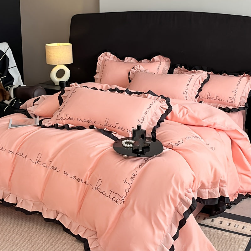 High-End Embroidered Washed Cotton Four-Piece Bedding, Skin-Friendly, Soft, And Suitable for All Seasons: Includes 1 Duvet Cover, 1 Bed Sheet, And 2 Pillowcases, Excluding Duvet Insert