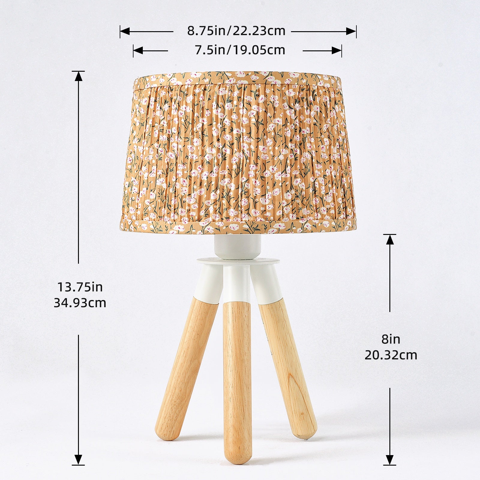 14 Inch Wooden Tripod Table Lamp with Yellow Ditsy Floral Shade - Cute Boho Nightstand Lamp for Bedroom, Dorm, Shelf, Console Table & Desk Decor | Aesthetic Cottagecore Accent Light, E26 Socket, ON\u002FOFF Switch, Small Dresser Lamp