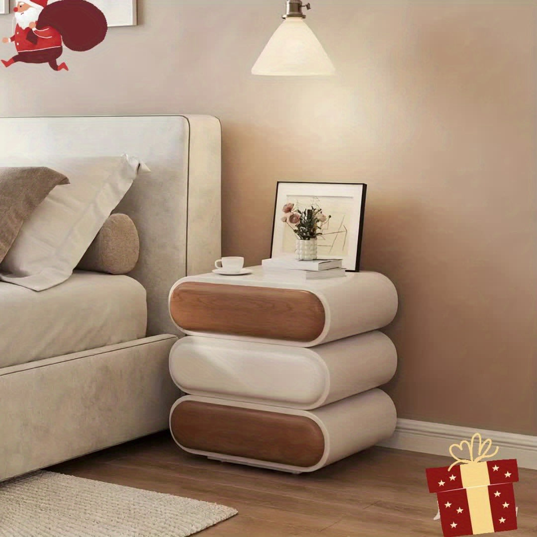 Premium Mid-Century Wood Nightstand, 3-Tier End Table with Storage Drawers & Curved Profile Design, Elegant Bedside Table for Bedroom Or Living Room, White Brown, No Assembly Required High-Quality Craftsmanship, Christmas