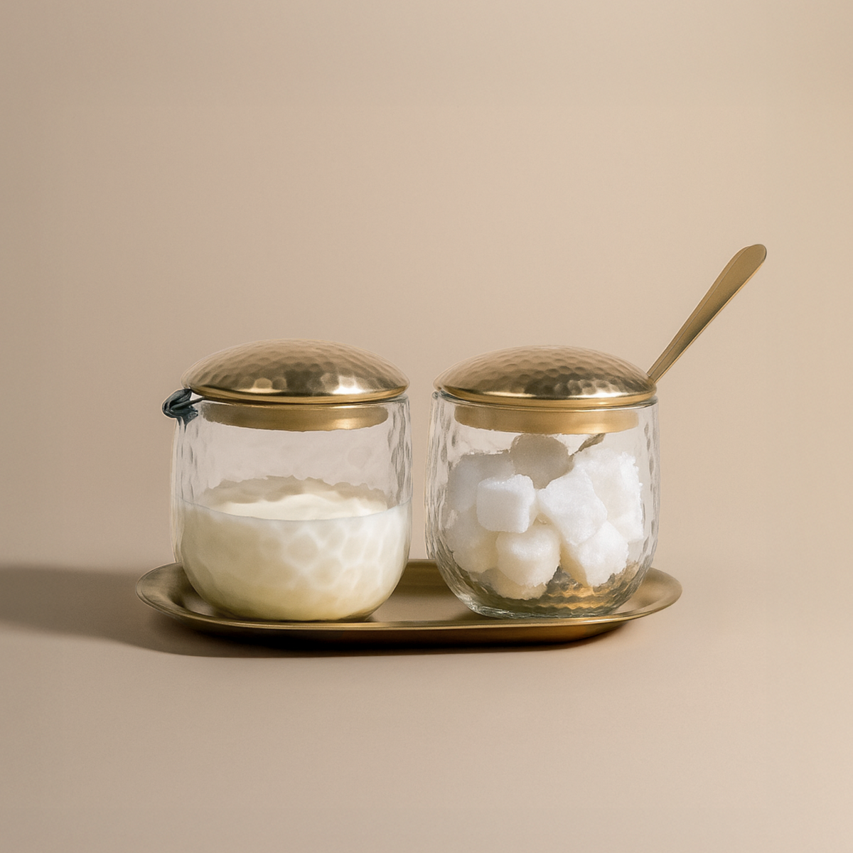 Handblown Sugar and Creamer Set with Brass Tray