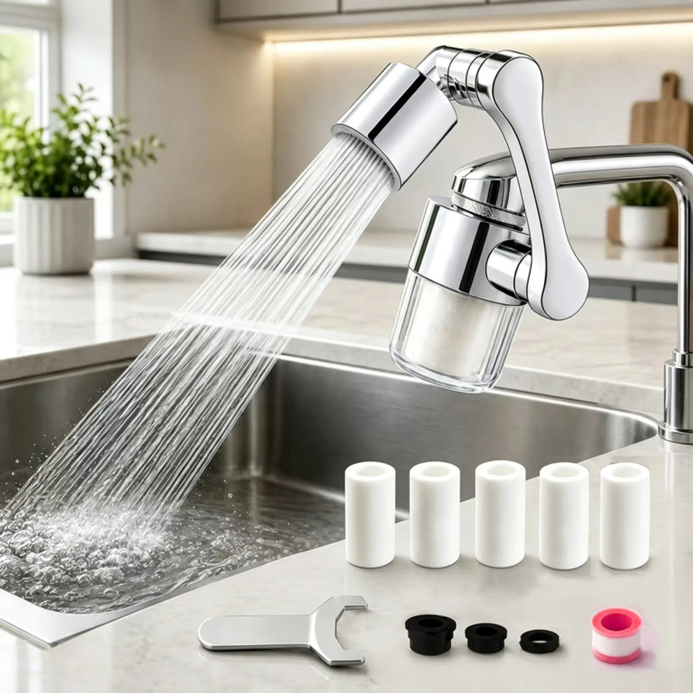 1080° Swivel Faucet Filter Set with 4 Filters, 3 Adapters, 2 Modes Faucet Extender Aerator