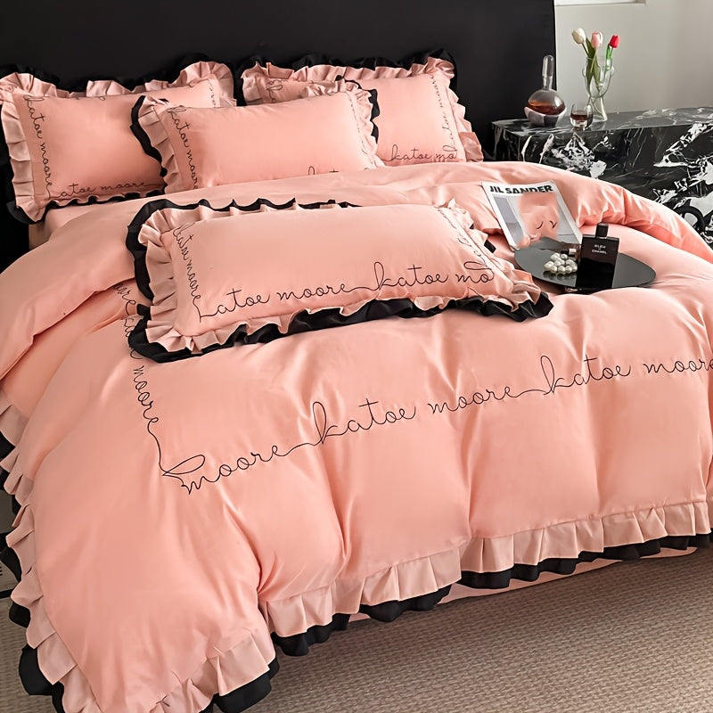 High-End Embroidered Washed Cotton Four-Piece Bedding, Skin-Friendly, Soft, And Suitable for All Seasons: Includes 1 Duvet Cover, 1 Bed Sheet, And 2 Pillowcases, Excluding Duvet Insert