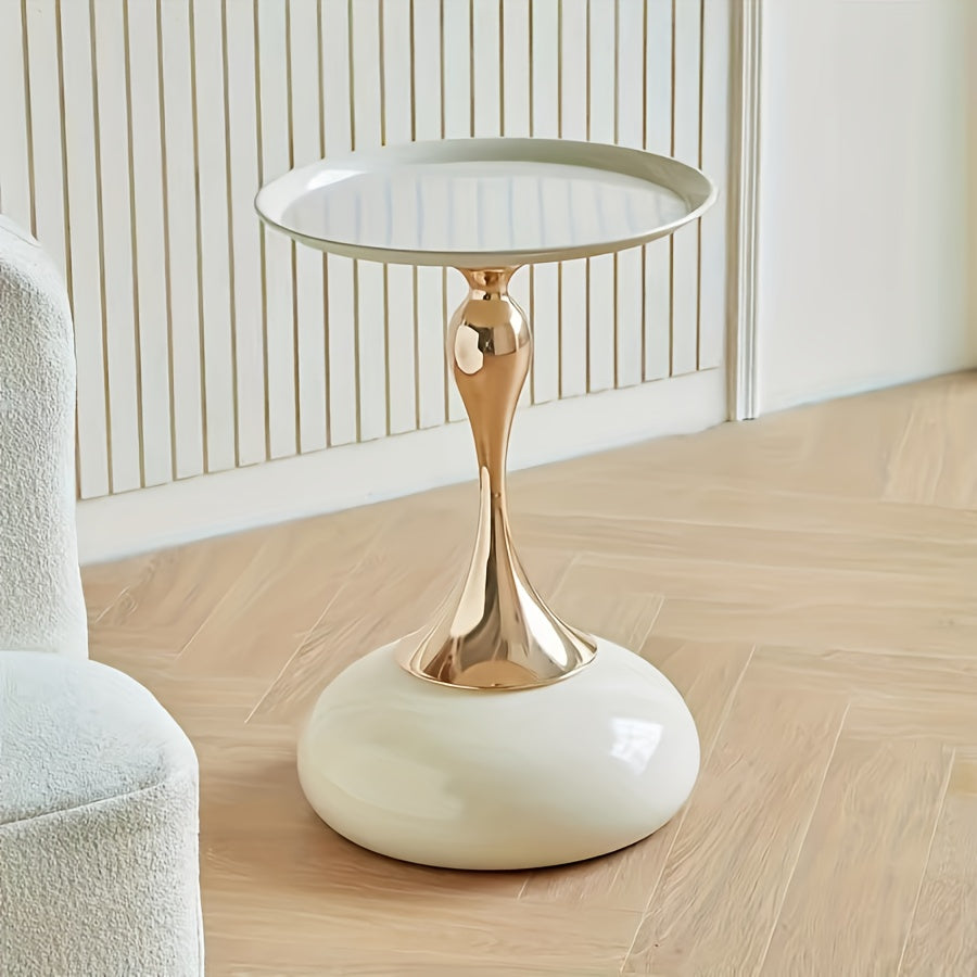 Modern Round Side Table White & Golden - Compact Metal Pedestal Accent Table with Round Top, Minimalist Bedside Table for Small-Space Furniture, Easy Assembly for Bedroom, Living Room, Apartment & Dorm - Sturdy Metal Construction, Space