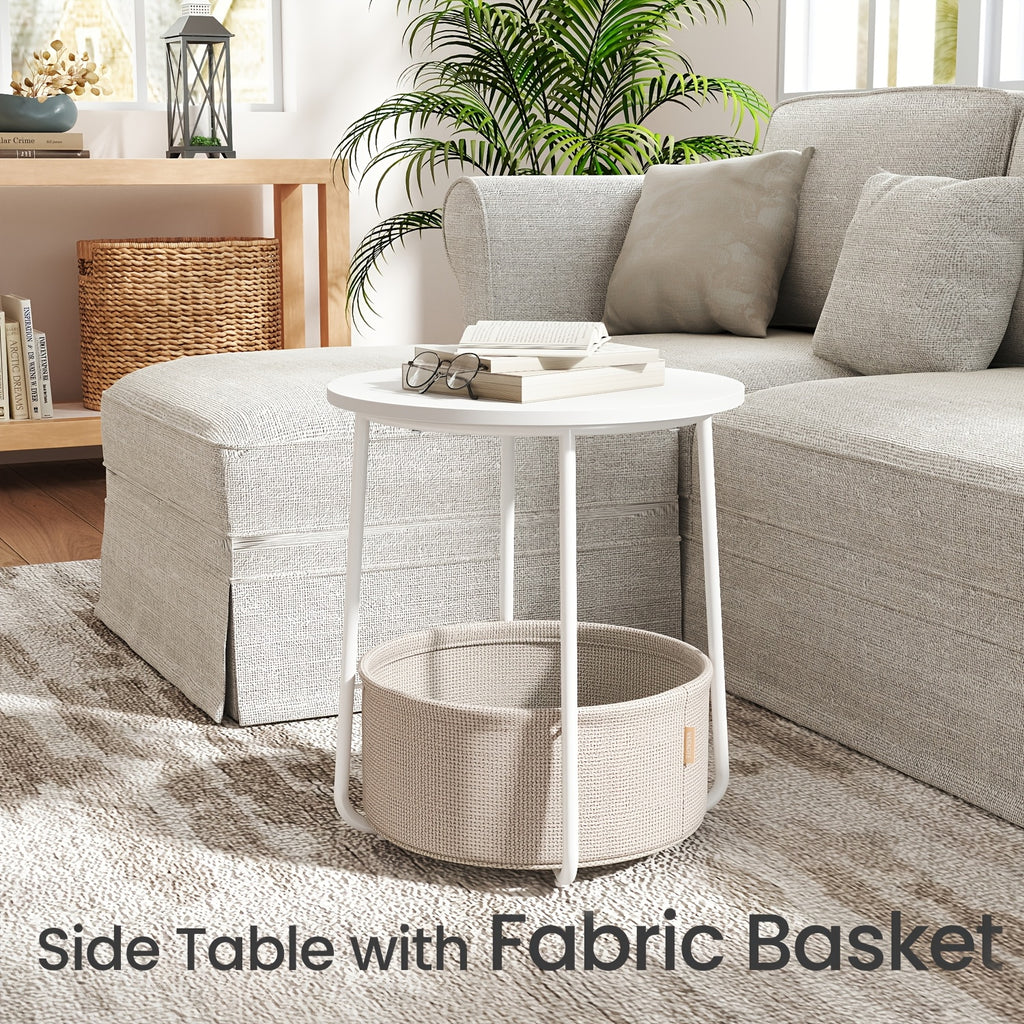 Collection - Small Round Side End Table, Modern Nightstand with Fabric Basket