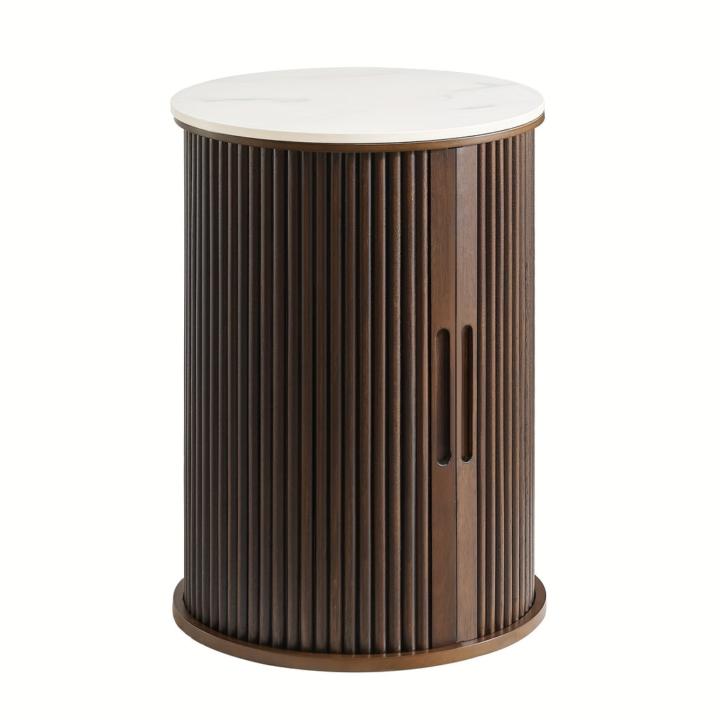 Morden Fort Mid-Century Modern Round Fluted Accent Table with White Faux Marble Top & Walnut - Smooth-Glide Hidden Storage Door, Engineered Wood Nightstand\u002FEnd Table for Bedroom, Living Room, Compact Spaces (Easy Assembly)