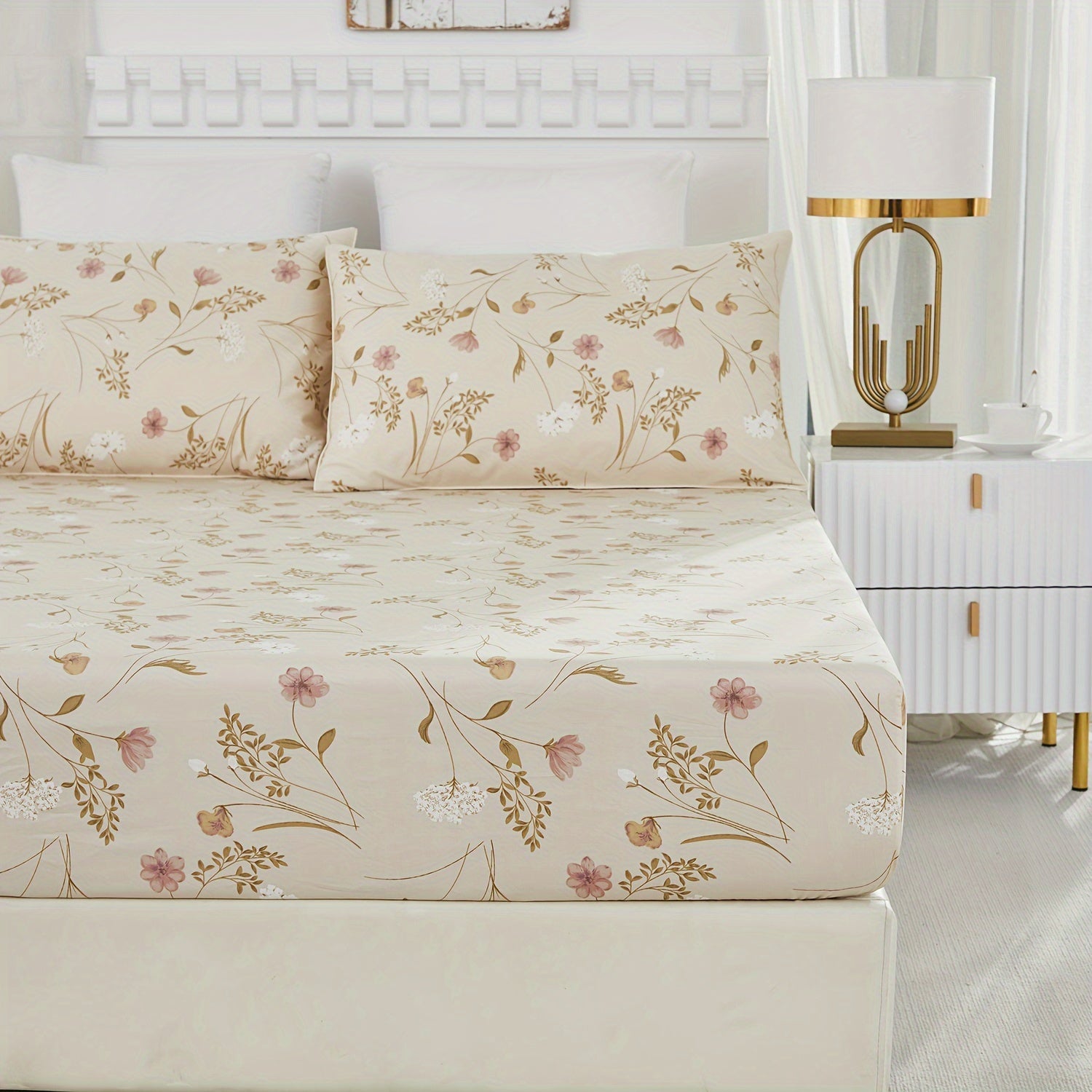 4pcs 600TC 100% Egyptian Cotton Fitted Sheet Set (1*Fitted Sheet+1*Flat Sheet+2*Pillowcase, Without Core), Luxury Elegant Floral Shabby Chic Bedding Set, For Bedroom Guest Room Student Dorm All Seasons