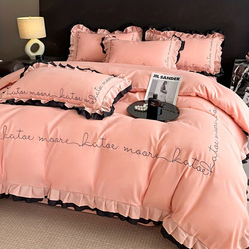 Light Luxury High-end Four Piece Bedding Set with Embroidered Lace Stitching, Suitable for All Seasons, Including One Duvet Cover, One Bed Sheet, And Two Pillowcases, Without A Core