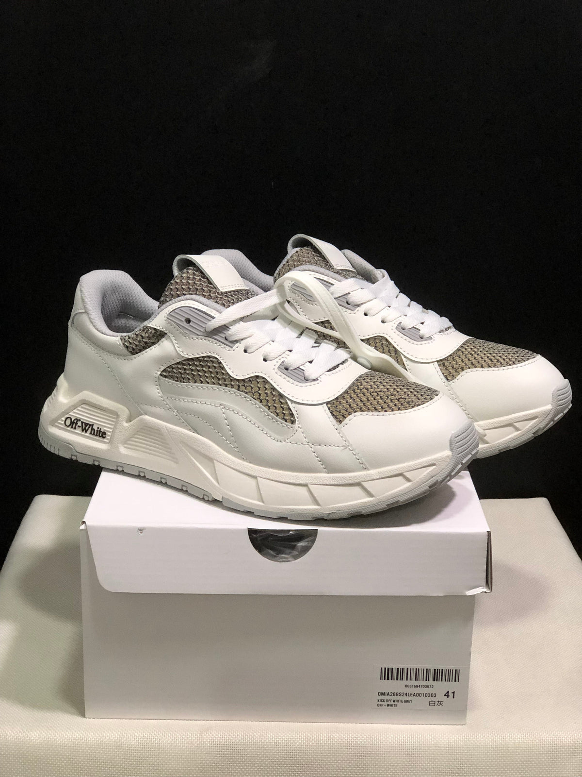 Off-White White and Grey Leather Low-Top Sneakers