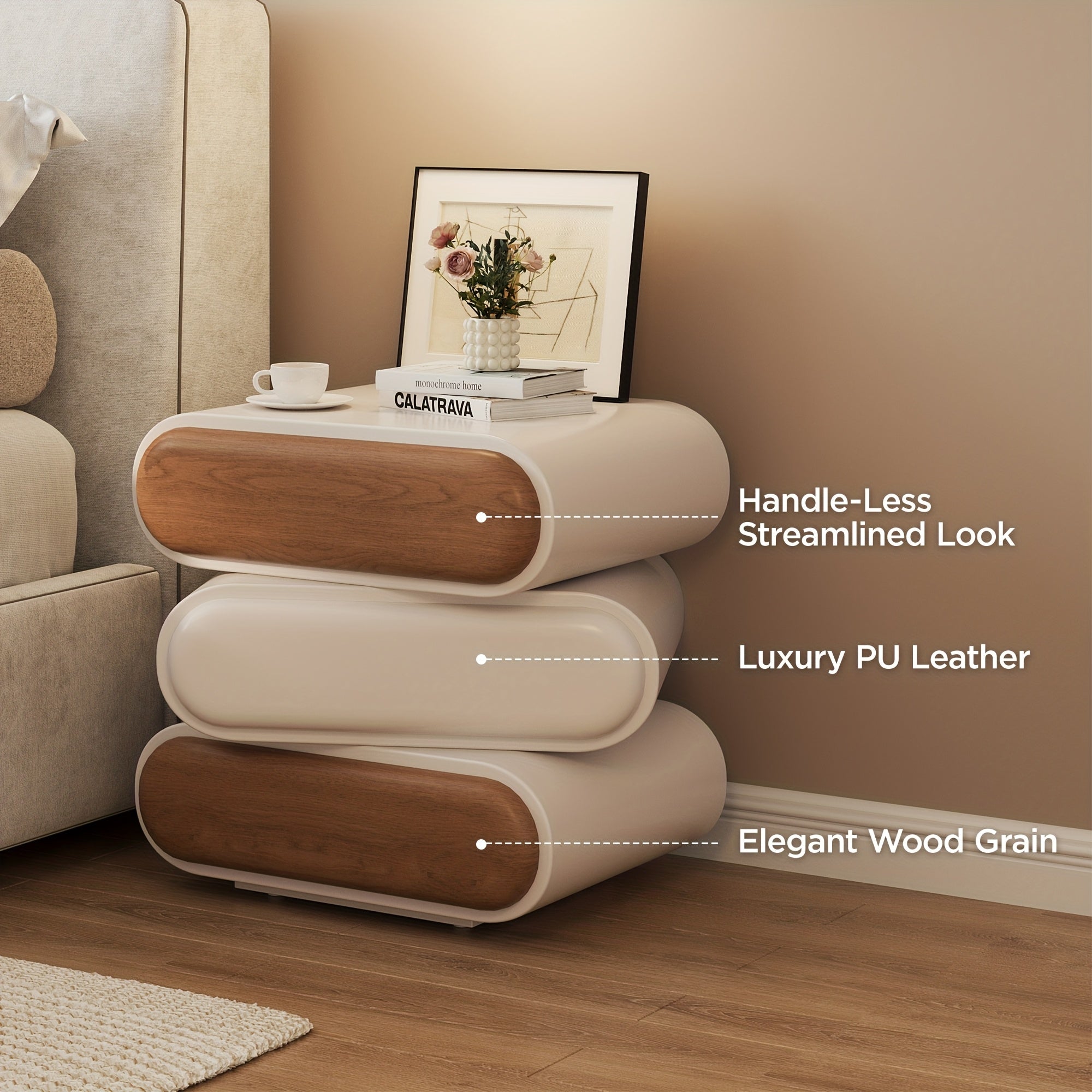 Premium Mid-Century Wood Nightstand, 3-Tier End Table with Storage Drawers & Curved Profile Design, Elegant Bedside Table for Bedroom Or Living Room, White Brown, No Assembly Required High-Quality Craftsmanship, Christmas