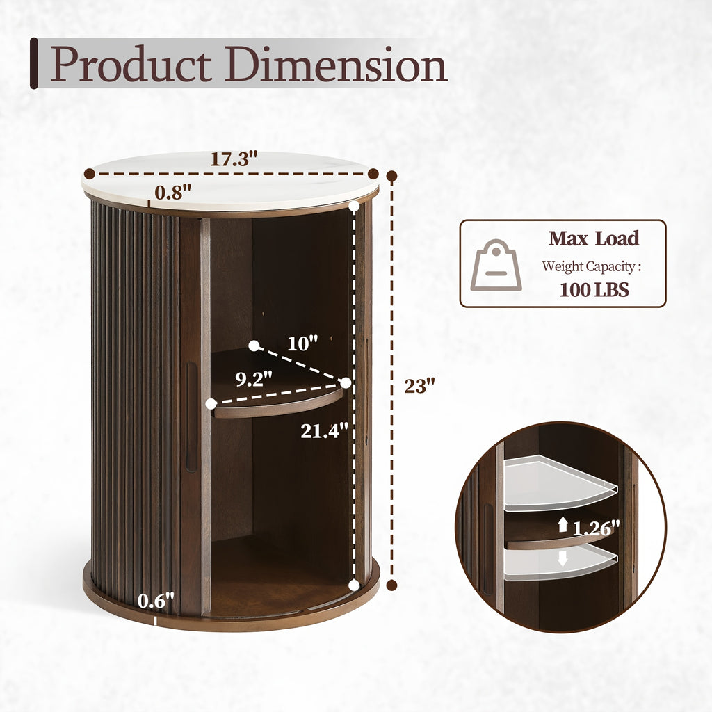 Morden Fort Mid-Century Modern Round Fluted Accent Table with White Faux Marble Top & Walnut - Smooth-Glide Hidden Storage Door, Engineered Wood Nightstand\u002FEnd Table for Bedroom, Living Room, Compact Spaces (Easy Assembly)