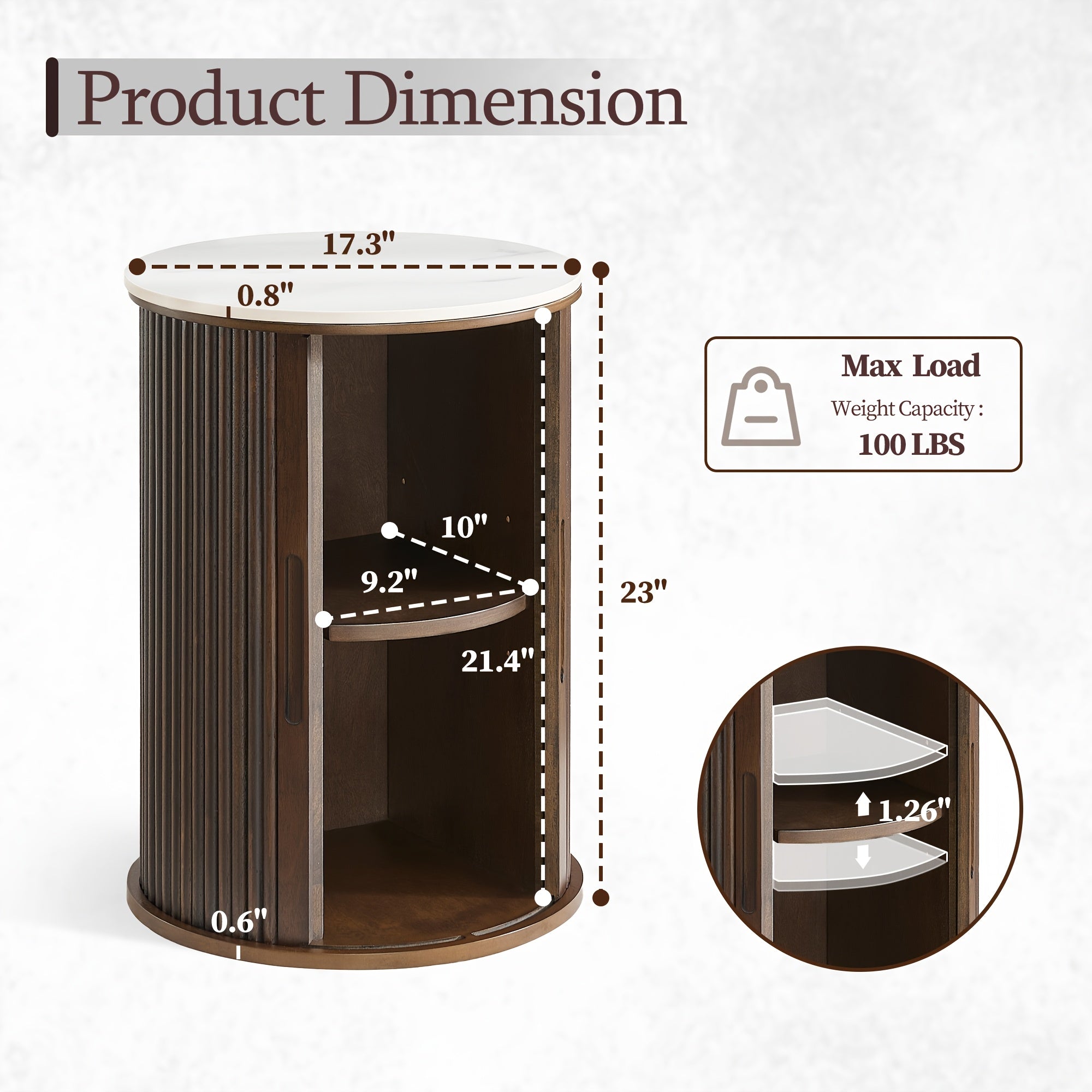 Morden Fort Mid-Century Modern Round Fluted Accent Table with White Faux Marble Top & Walnut - Smooth-Glide Hidden Storage Door, Engineered Wood Nightstand\u002FEnd Table for Bedroom, Living Room, Compact Spaces (Easy Assembly)