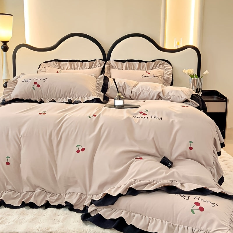 High-End Embroidered Washed Cotton Four-Piece Bedding, Skin-Friendly, Soft, And Suitable for All Seasons: Includes 1 Duvet Cover, 1 Bed Sheet, And 2 Pillowcases, Excluding Duvet Insert