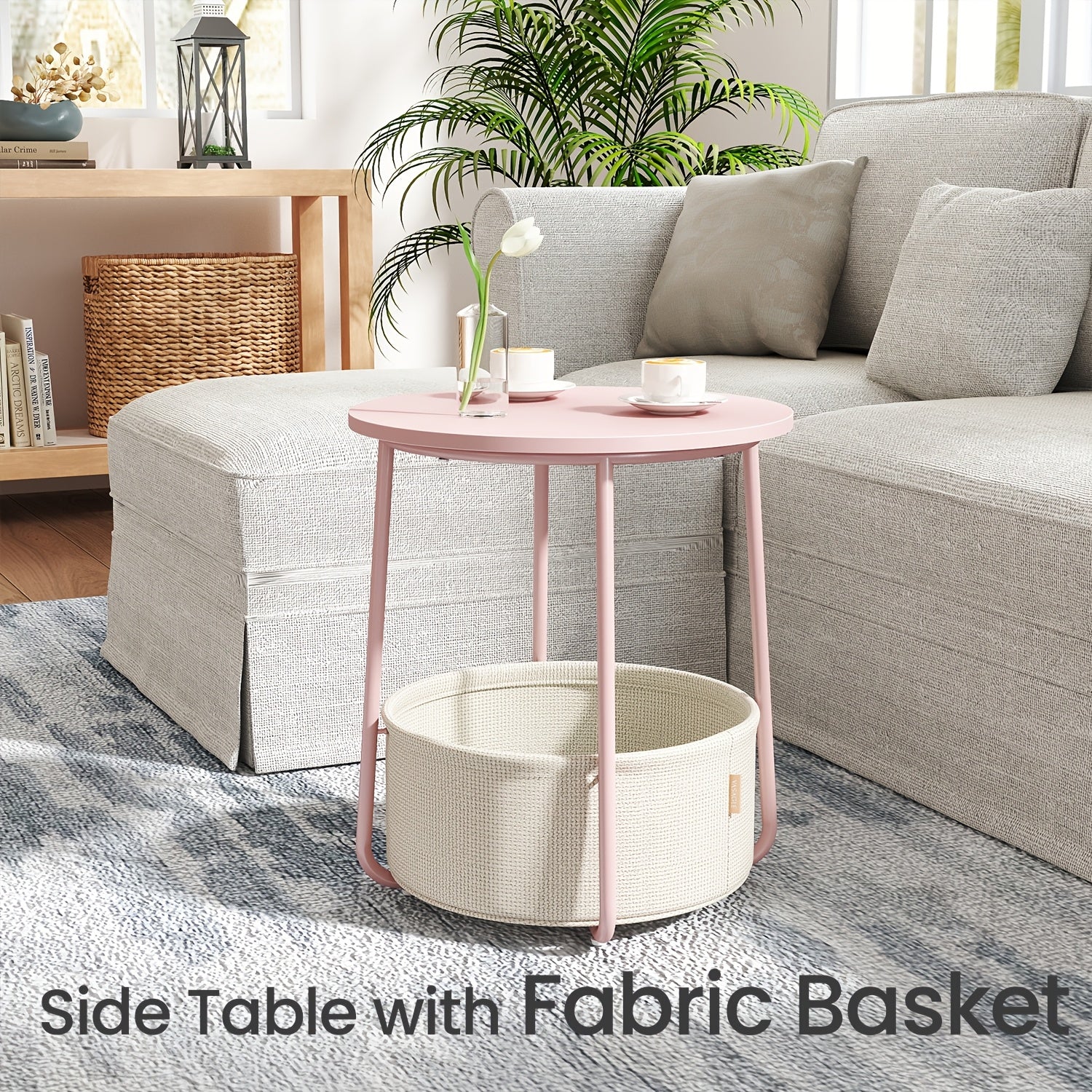 Collection - Small Round Side End Table, Modern Nightstand with Fabric Basket