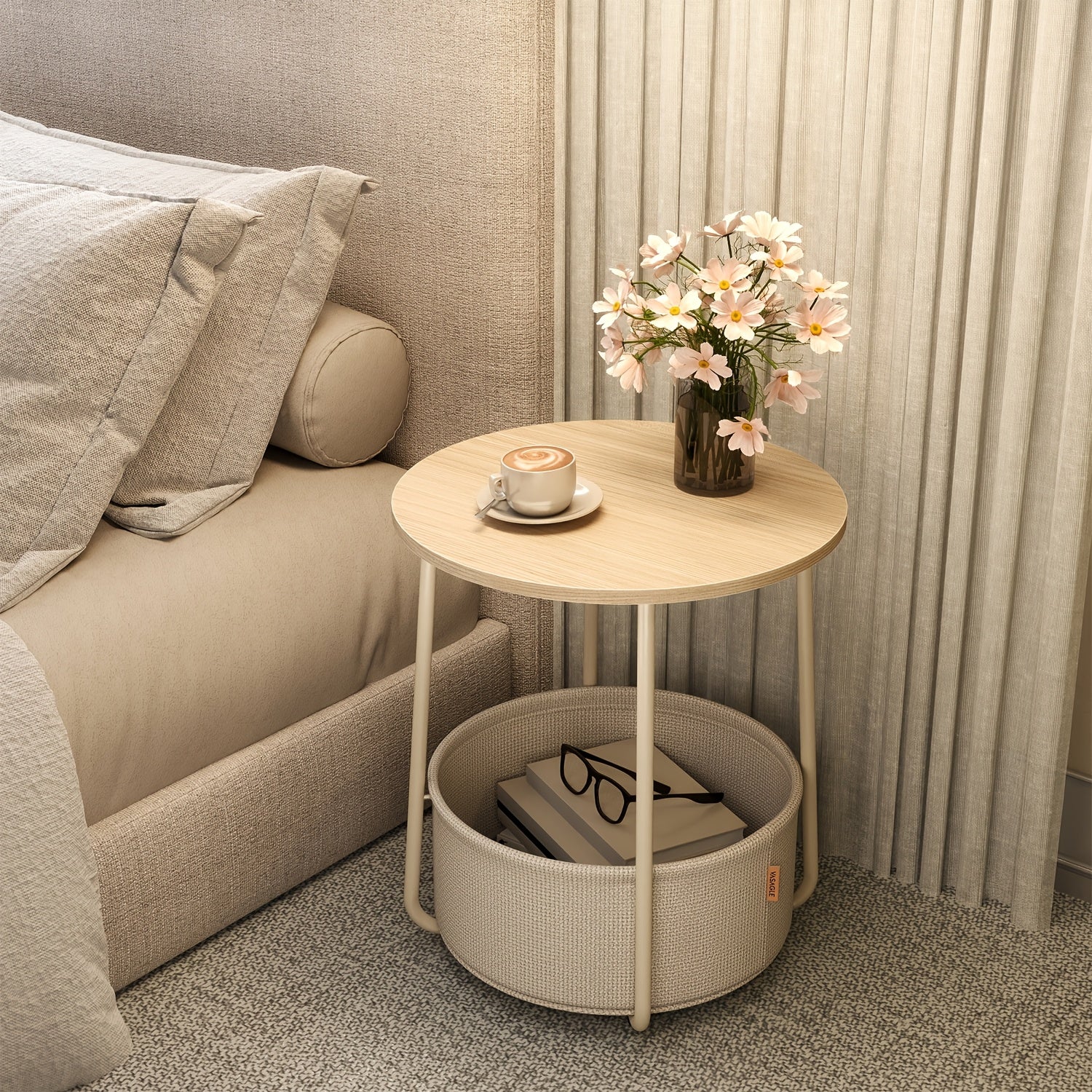 Collection - Small Round Side End Table, Modern Nightstand with Fabric Basket
