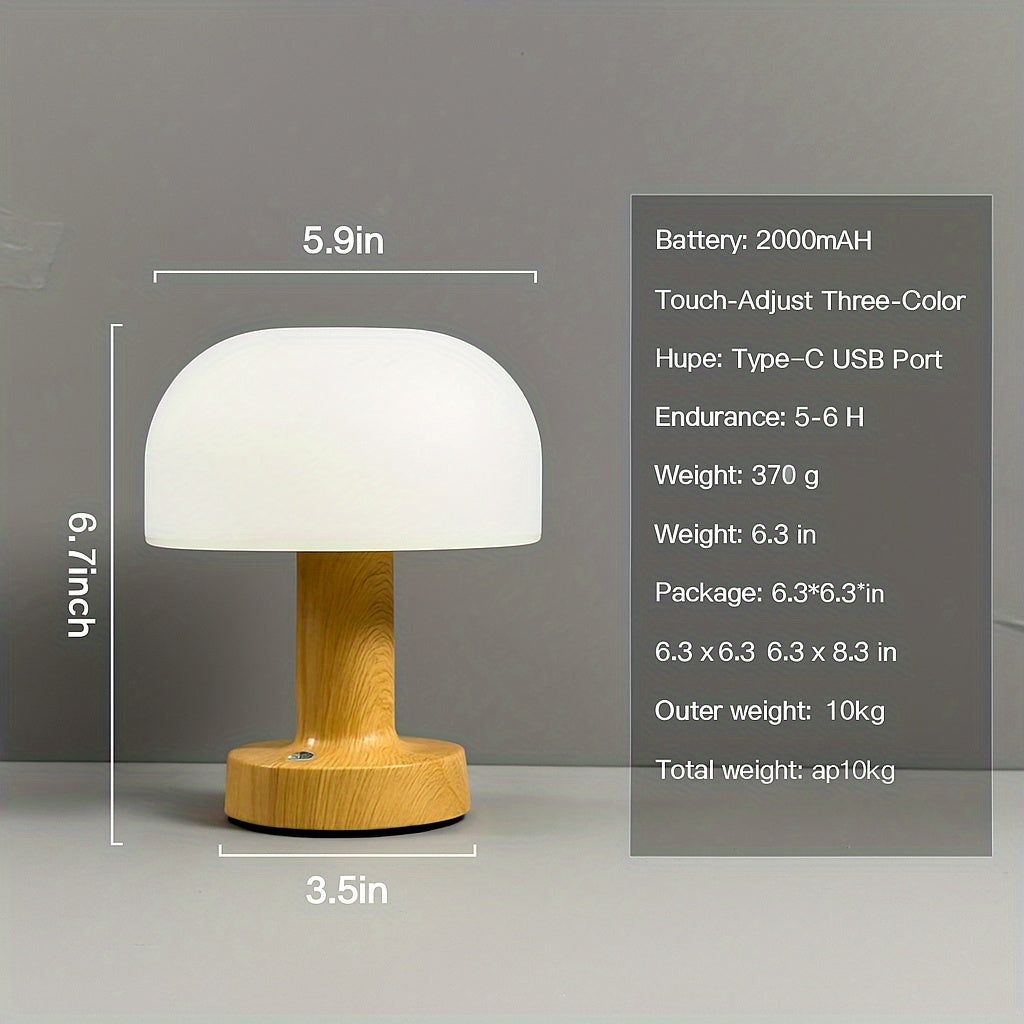 Mushroom Lamp with Touch Switch, Portable Office Desk Lamp 2000mAh, Three-color Adjustable Bedside Table Lamp for Bedroom And Living Room
