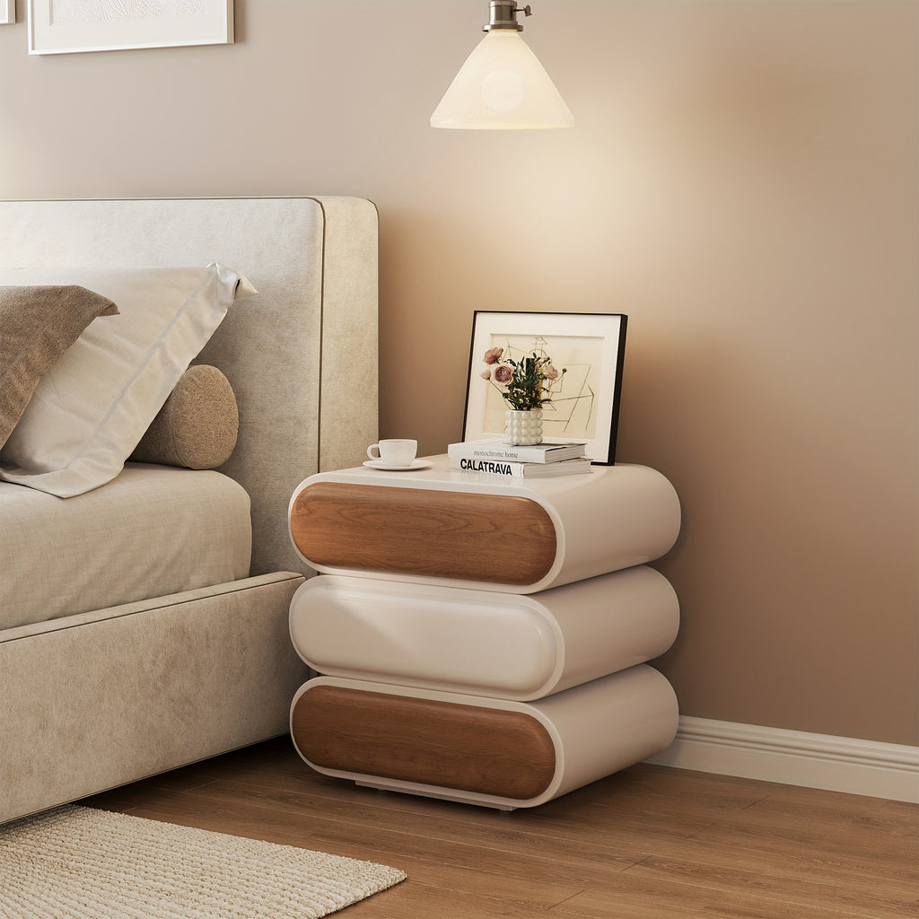 Premium Mid-Century Wood Nightstand, 3-Tier End Table with Storage Drawers & Curved Profile Design, Elegant Bedside Table for Bedroom Or Living Room, White Brown, No Assembly Required High-Quality Craftsmanship, Christmas