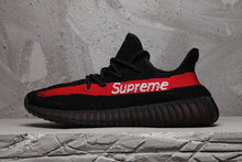Yeezy 350 V2 Black Red Knit Sneakers with Supreme Detail