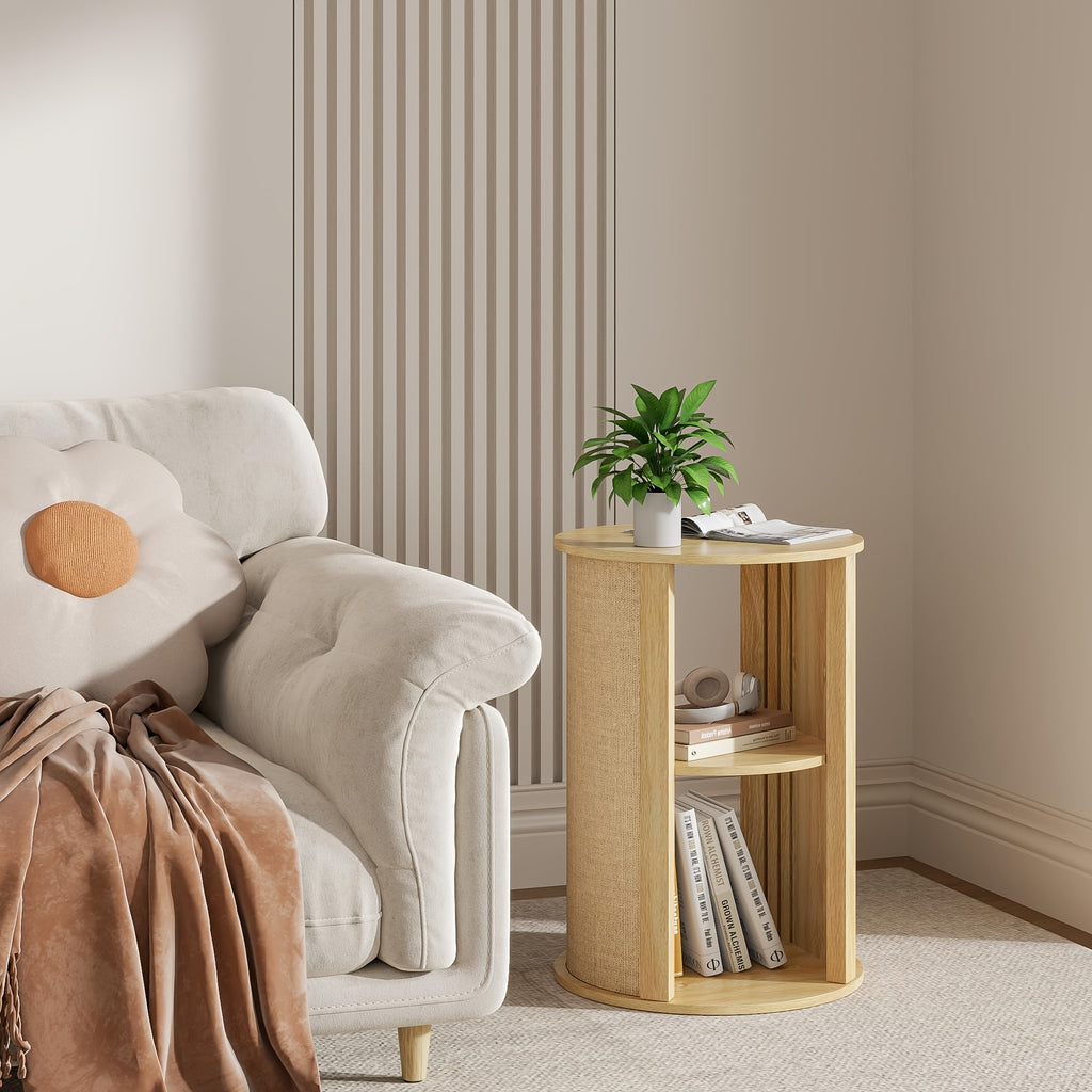 Round Side Table for Sofa, Couch Bedside End Table with Storage, Round Nightstand, Wooden Mid Century Modern Night Stand, 2-Tier, Adjustable Shelf, for Living Room, 16 Inches