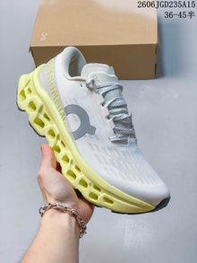 On Cloudmonster 3 Running Shoes, White and Volt Yellow