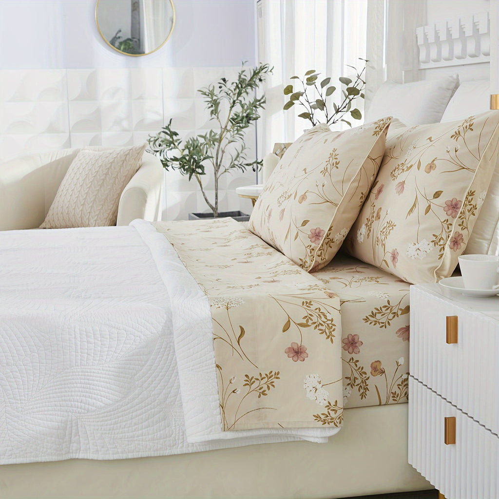 4pcs 600TC 100% Egyptian Cotton Fitted Sheet Set (1*Fitted Sheet+1*Flat Sheet+2*Pillowcase, Without Core), Luxury Elegant Floral Shabby Chic Bedding Set, For Bedroom Guest Room Student Dorm All Seasons