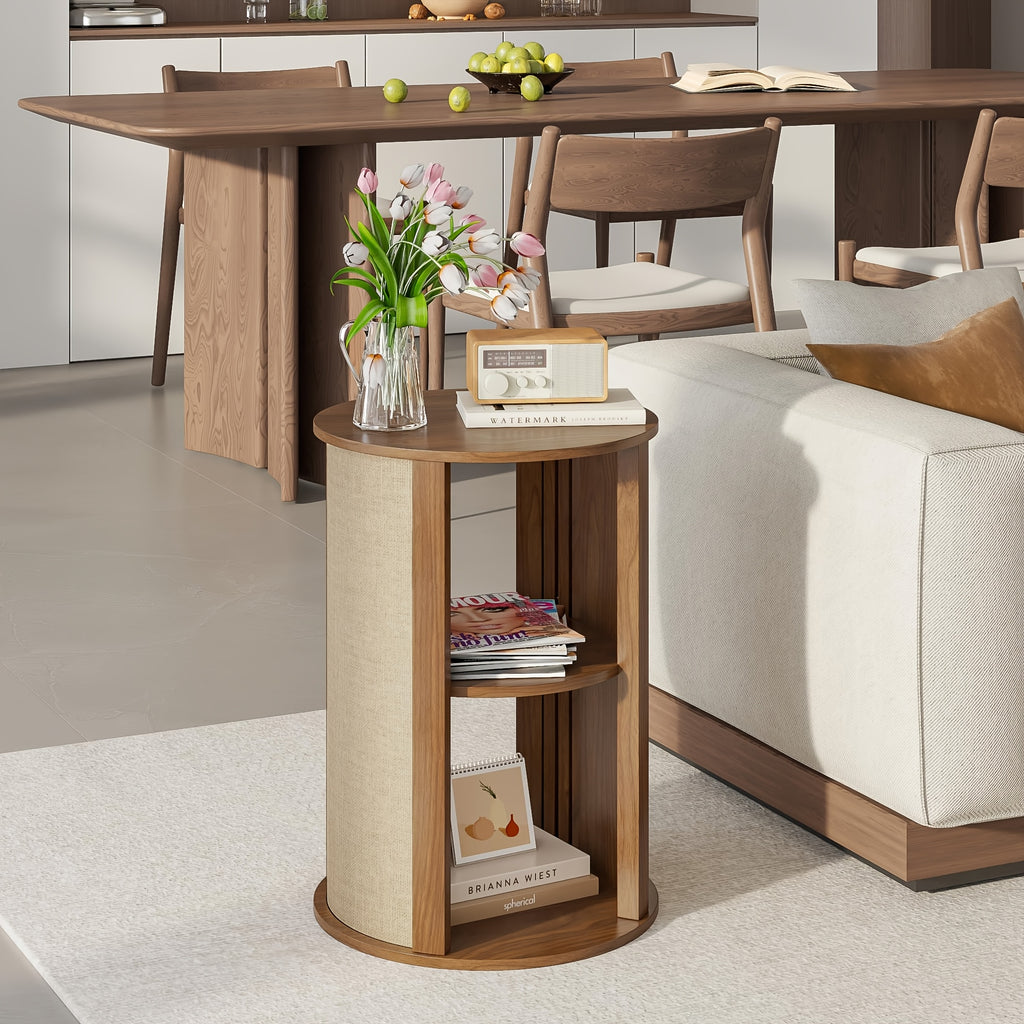 Round Side Table for Sofa, Couch Bedside End Table with Storage, Round Nightstand, Wooden Mid Century Modern Night Stand, 2-Tier, Adjustable Shelf, for Living Room, 16 Inches