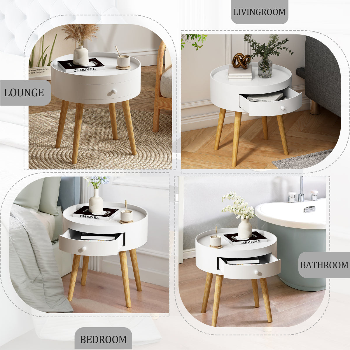 18-Inch Nightstand Featuring a Storage Drawer And Oak Legs, Suitable As a Bedside Table Or a Coffee Table for The Bedroom Or Living Room, in White Color