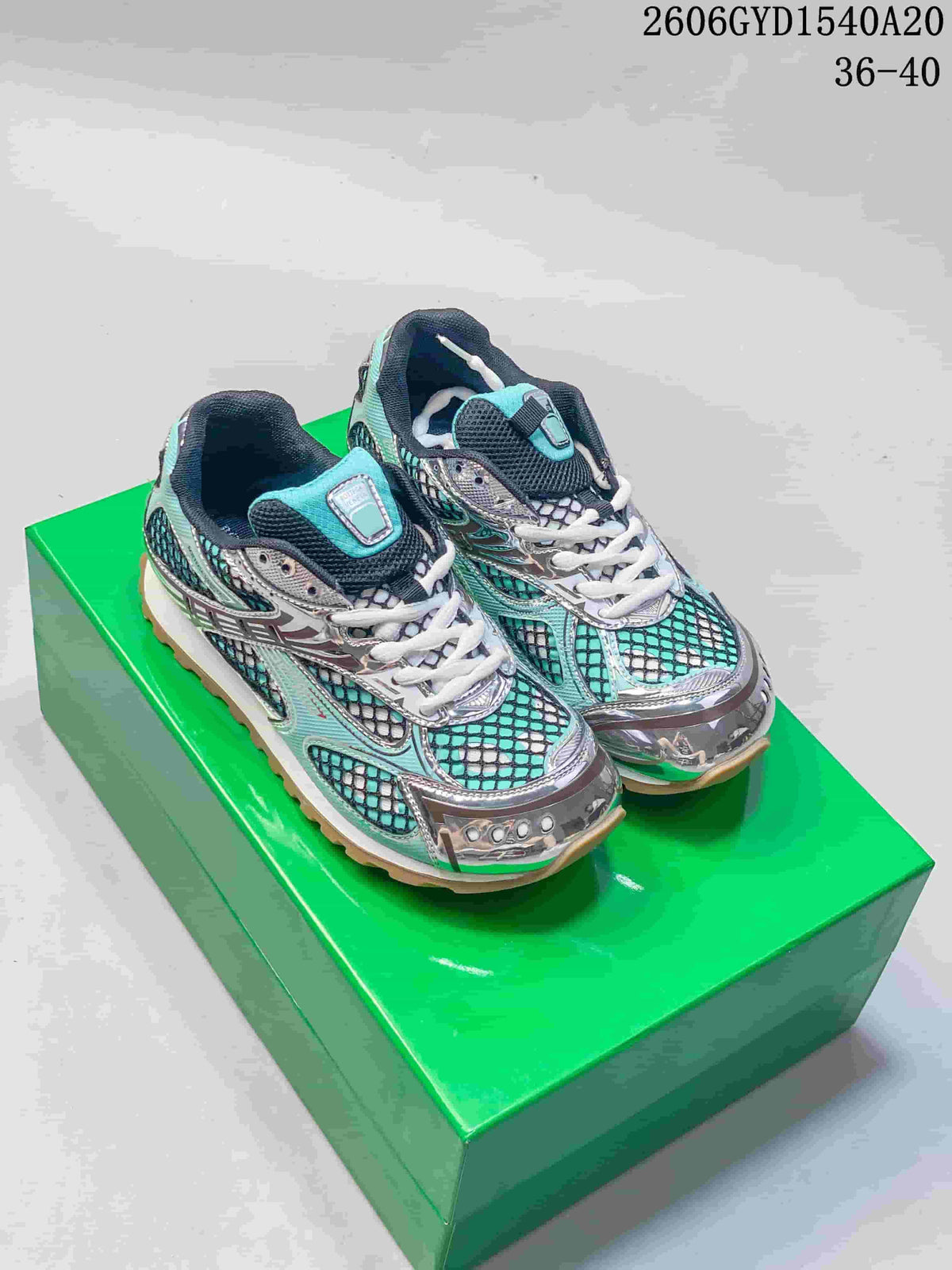 Bottega Veneta Orbit Lace-Up Runner Sneakers in Turquoise and Silver