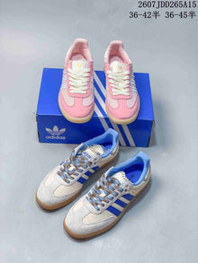 adidas Samba Leather Low-Top Sneakers in White/Blue and Pink
