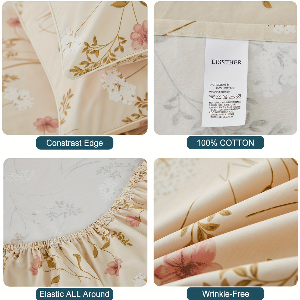 4pcs 600TC 100% Egyptian Cotton Fitted Sheet Set (1*Fitted Sheet+1*Flat Sheet+2*Pillowcase, Without Core), Luxury Elegant Floral Shabby Chic Bedding Set, For Bedroom Guest Room Student Dorm All Seasons