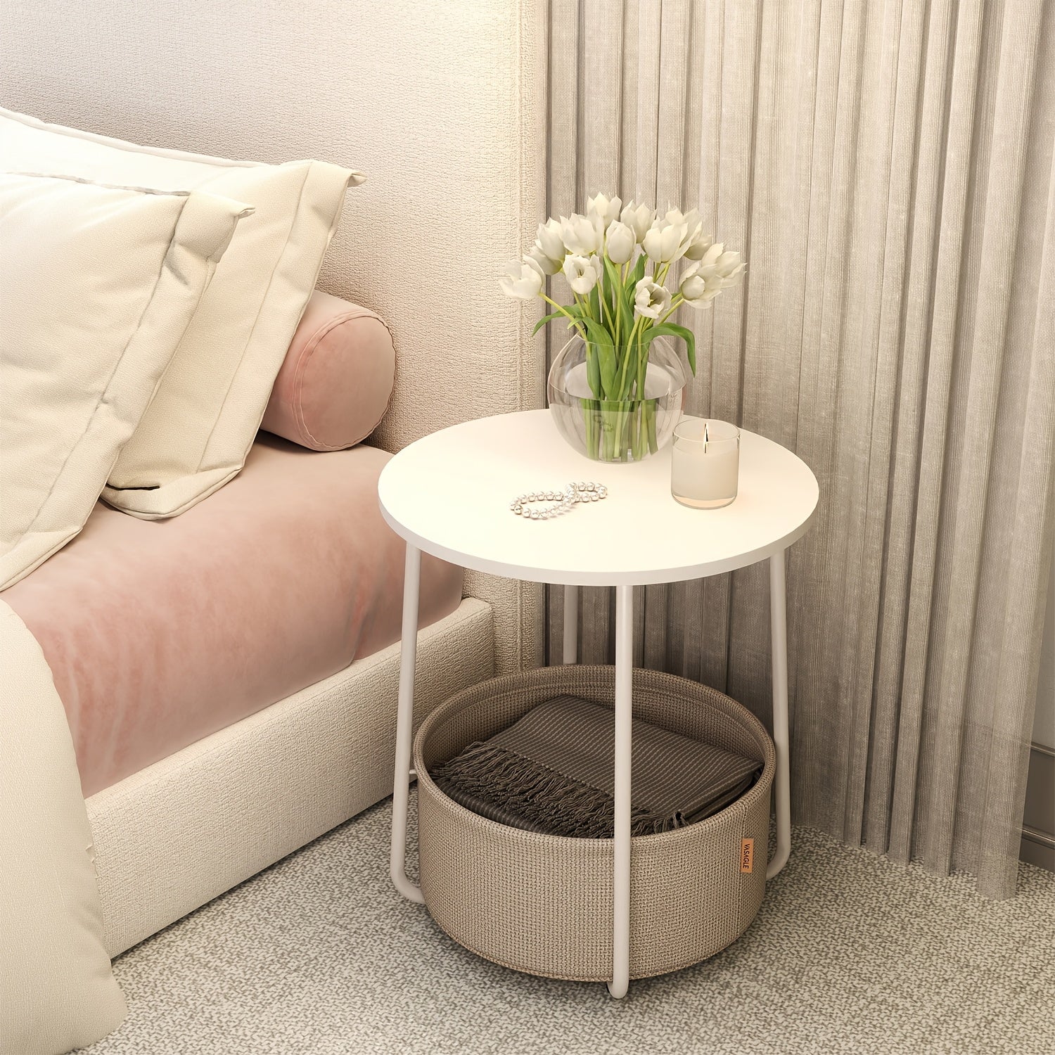 Collection - Small Round Side End Table, Modern Nightstand with Fabric Basket