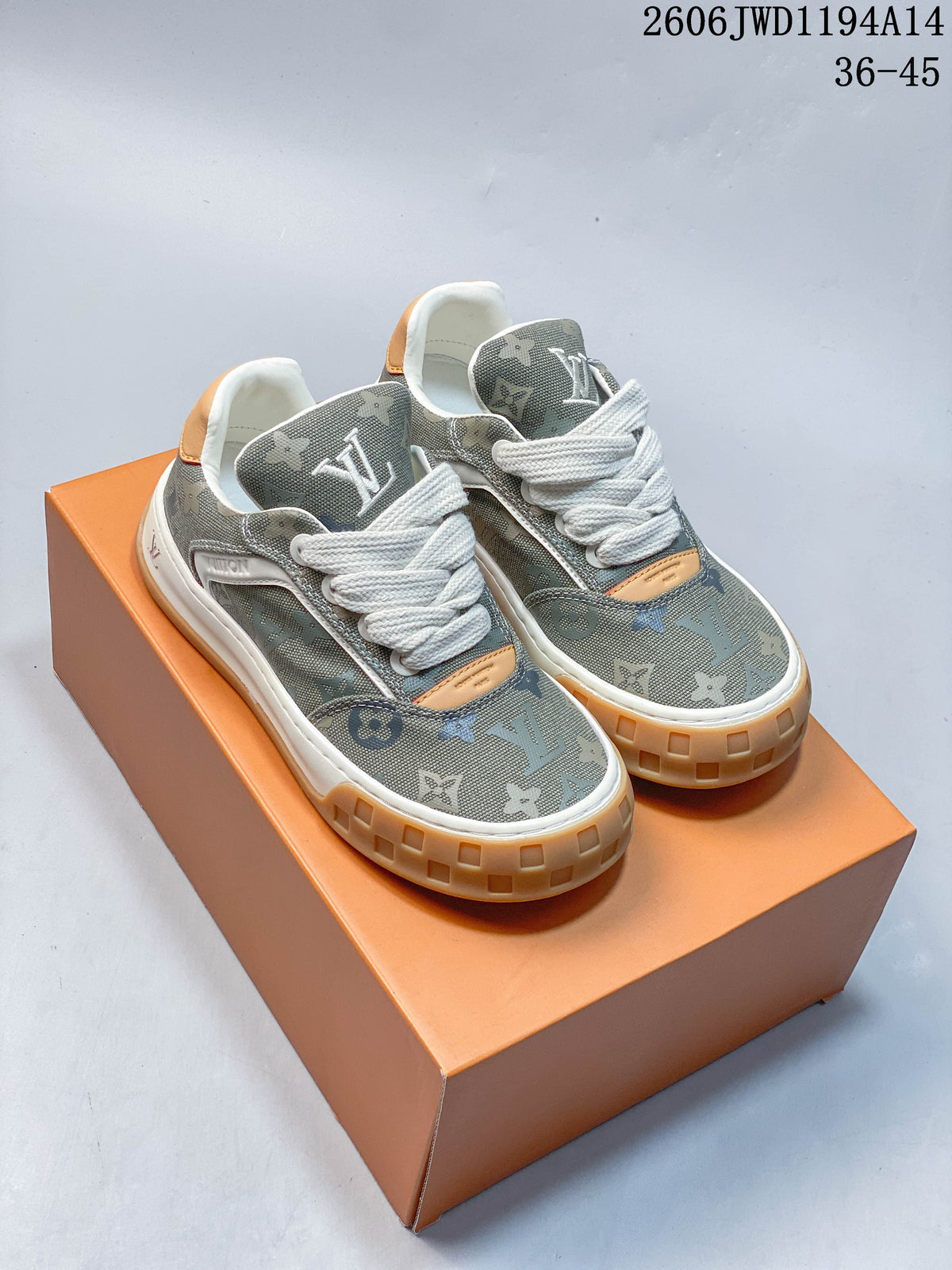 Louis Vuitton Tilted Monogram Sneakers in Gray and Tan