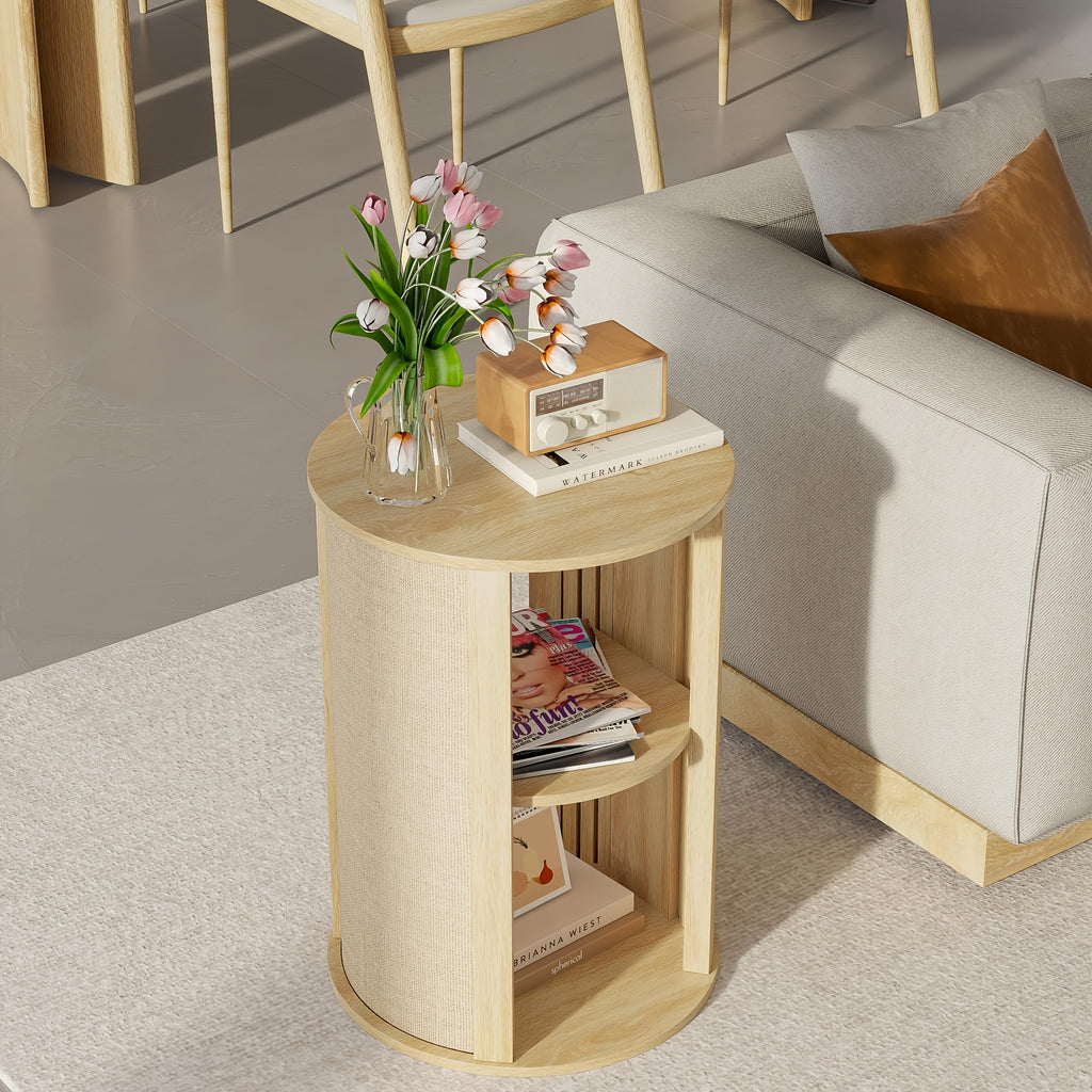 Round Side Table for Sofa, Couch Bedside End Table with Storage, Round Nightstand, Wooden Mid Century Modern Night Stand, 2-Tier, Adjustable Shelf, for Living Room, 16 Inches