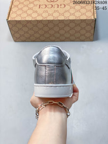 Gucci Silver Low-Top Sneakers with Green-Red Web Stripe