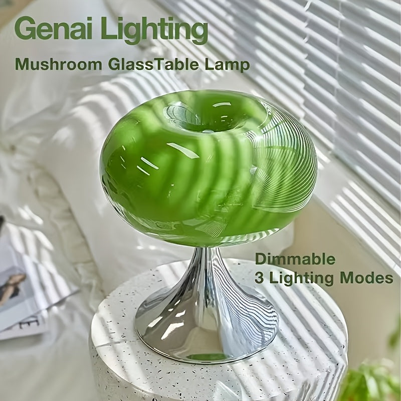 USB-Powered Art Deco Glass Table Lamp with A Metal Base And Glass Shade, Suitable for Different Room Styles, Perfect As Christmas And New Year Gifts, Featuring A Mushroom Design.