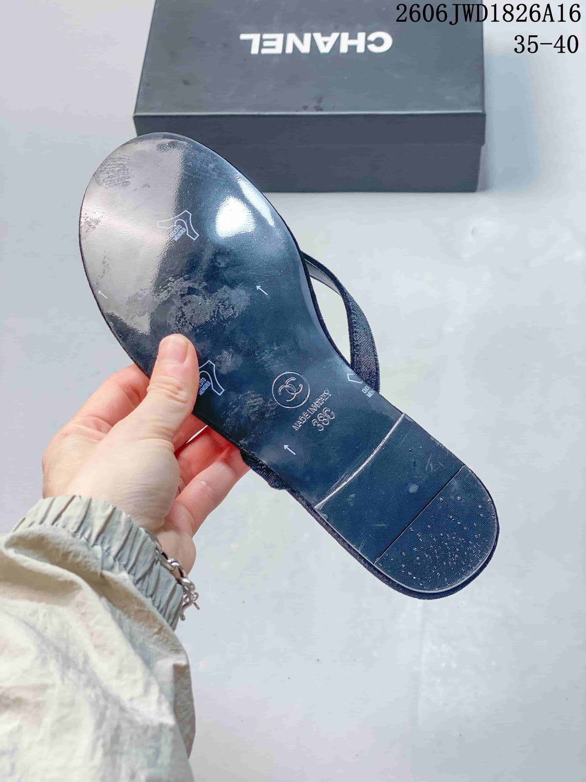 Chanel Navy Thong Sandals with Logo Detail