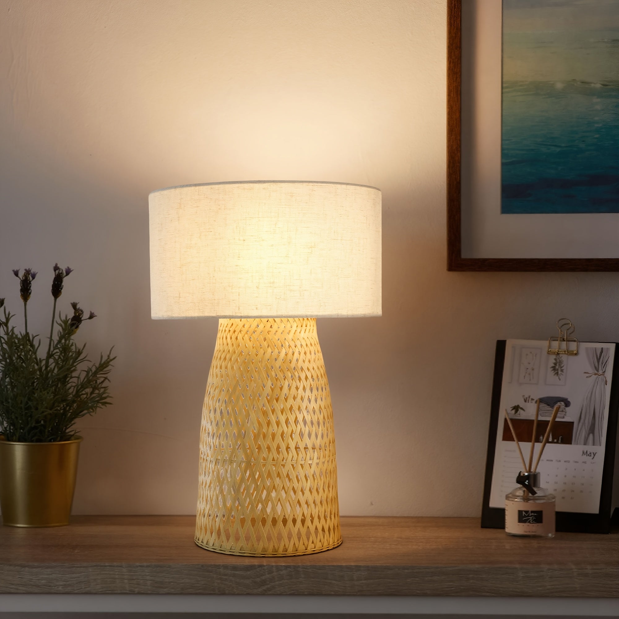 Set Of 1 Handwoven Bamboo Table Lamp with Linen Shade for Bedroom