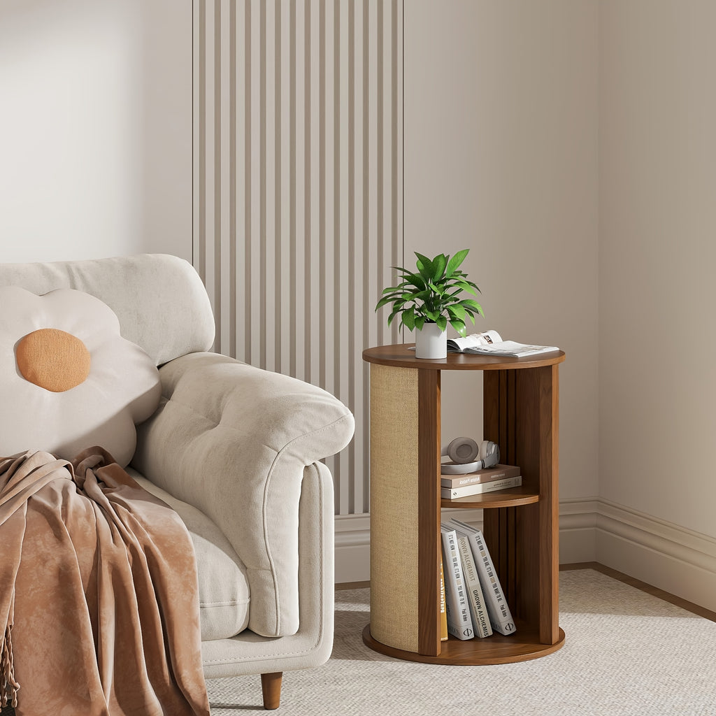 Round Side Table for Sofa, Couch Bedside End Table with Storage, Round Nightstand, Wooden Mid Century Modern Night Stand, 2-Tier, Adjustable Shelf, for Living Room, 16 Inches